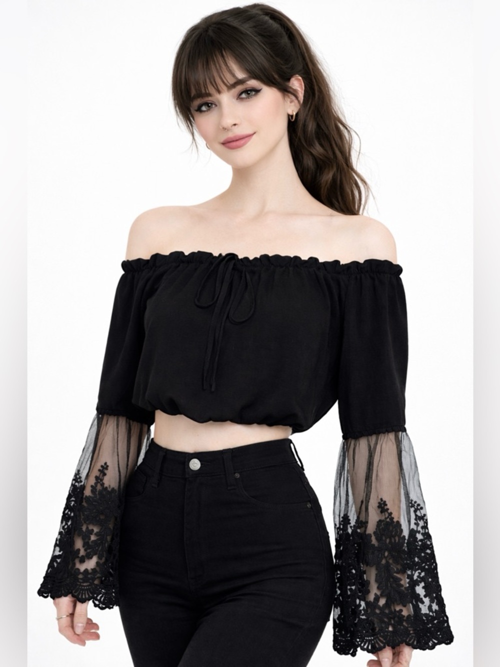 Black Off Shoulder Crop Top Lace Bell Sleeve Boho Goth Romantic‎ Witchy Blouse M